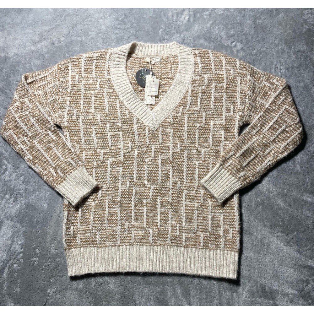 mystree Womens V-Neck Geometric Knit Pullover Sweater Size L Beige/Brown NWT